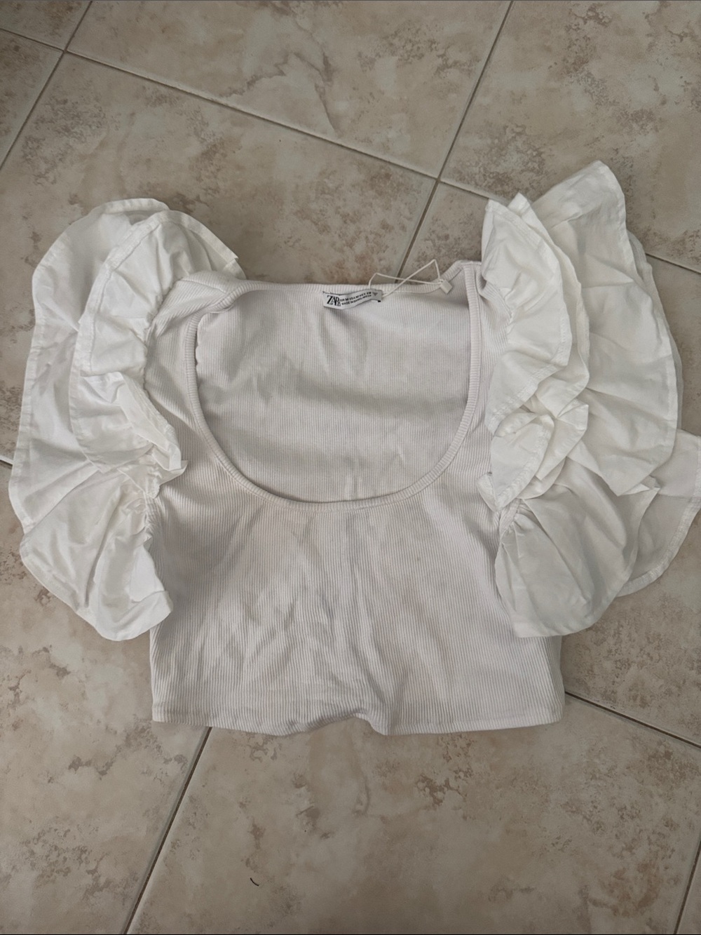 Zara White Ruffle-Sleeve Cotton Crop Top